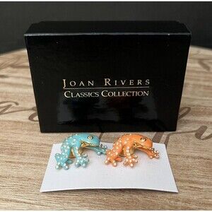 Vintage Joan Rivers Pair of Teal & Orange Enamel & Crystal Frog Brooches